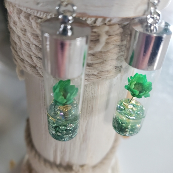 Green Wish Flowers Glass Bottle Dangle Earrings - Picture 8 of 12